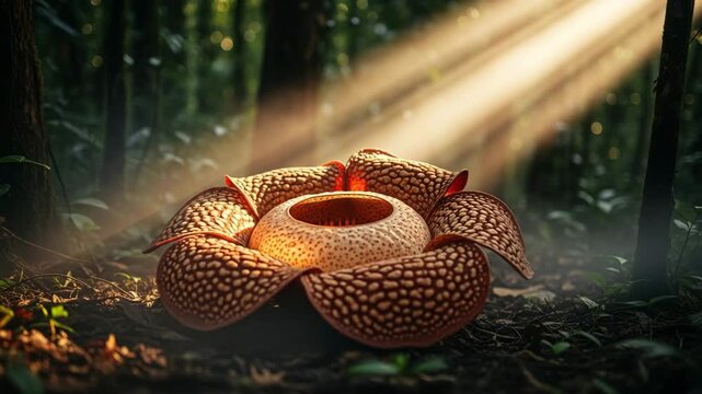 Rafflesia flower in tropical jungle with sunlight rays, cinematic realism, macro details of the largest flower in the world, perfect for science, nature documentaries and animation projects
