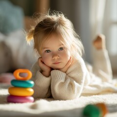 Fototapeta premium Young child playing on the floor with colorful stacking toys in a cozy indoor setting during daylight hours