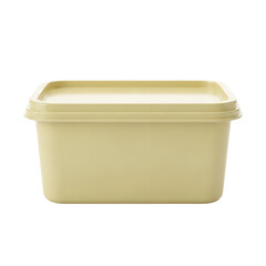 Photo of a rectangular light yellow plastic container with a matching lid, isolated on transparent background