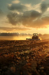 Harvester harvesting potatoes in the autumn field with sunshine.