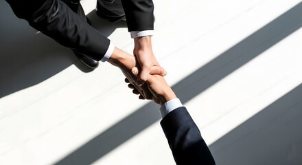 Aerial perspective of a businessman extending a helping hand to a partner, symbolizing corporate rescue, support, and successful collaboration, bird eye view