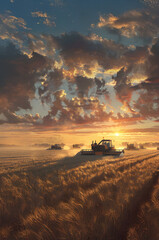 Harvester harvesting ripe wheat field in autumn with sunset. Concept of agriculture, agronomy and crop collection.