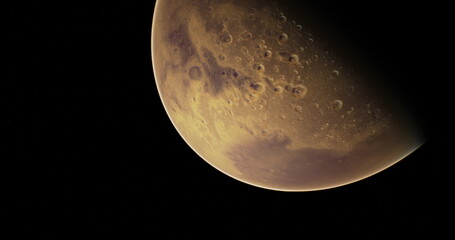 This captivating view showcases the surface of Mars, revealing its rugged terrain, impact craters, and overall color variation. The image captures the planets unique geography from space.