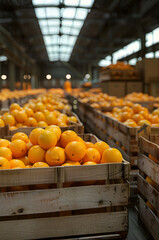 Oranges harvested in wooden boxes in a warehouse. Natural organic fruit abundance. Healthy and natural food storing and shipping concept.