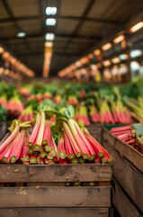 Rhubarb stalks harvested in wooden boxes in a warehouse. Natural organic fruit abundance. Healthy and natural food storing and shipping concept.