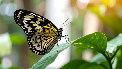 Fototapeta premium A butterfly perched on a lush green leaf