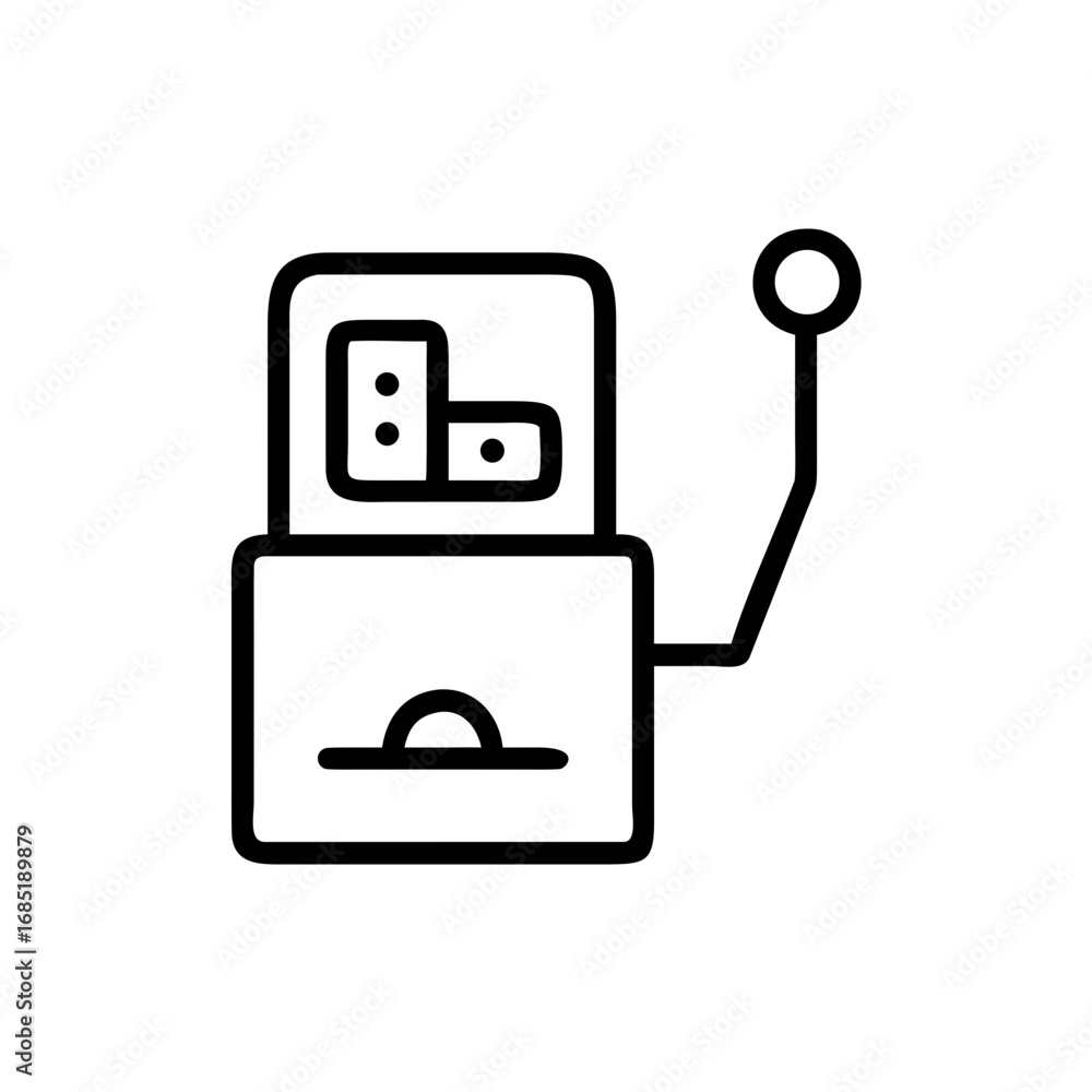 Poster a simple graphic displaying a slot machine with a lever and dice inside the display area of the mach
