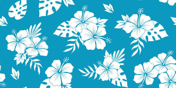 Seamless pattern with hibiscus flower and monstera leaf vector silhouette for shirt, floral monochrome illustrations, summer hawaiian beach plant on blue backdrop