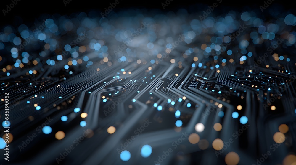 Poster intricate electronic circuit with bokeh sparkle