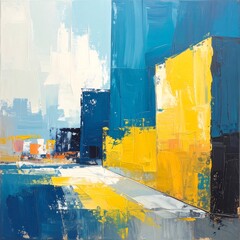 Abstract cityscape painting with vibrant yellow and deep blue buildings