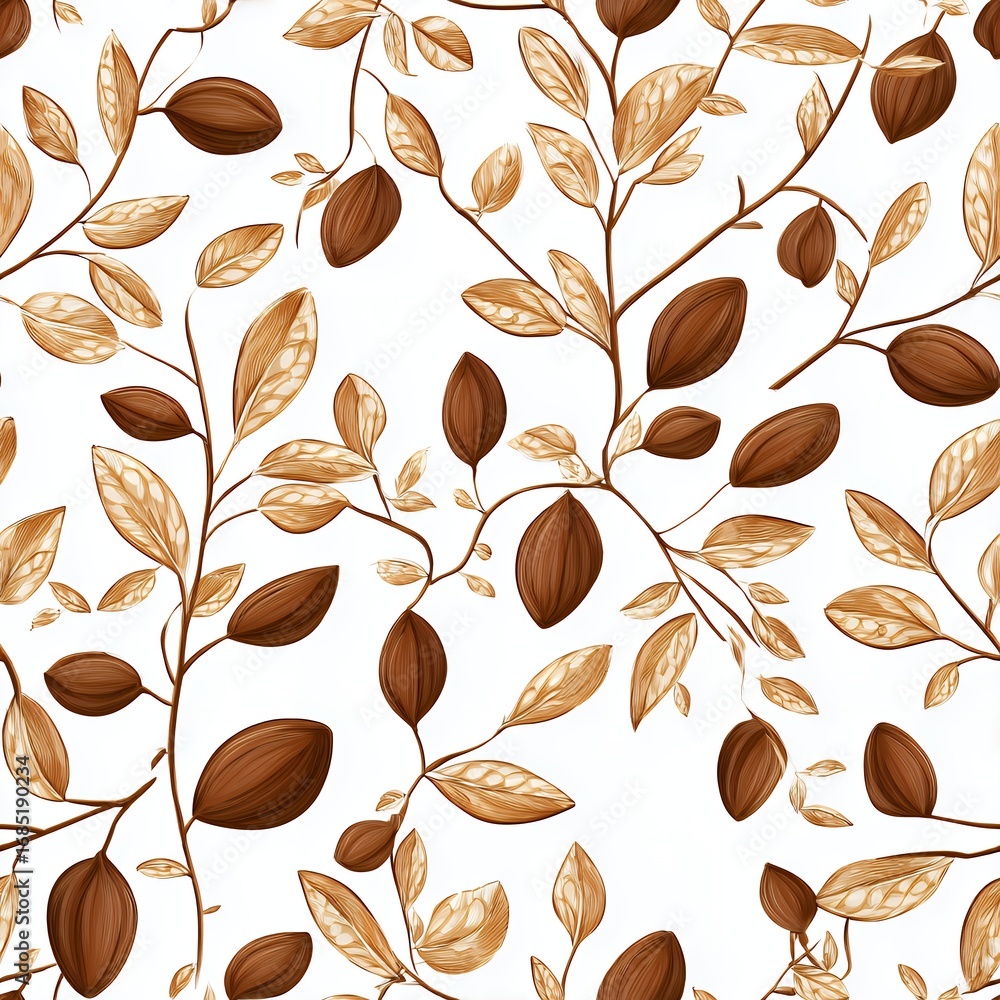 Aufkleber seamless pattern of cocoa beans and leaves on white background