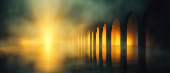 A serene, atmospheric landscape featuring archways reflected on calm water, illuminated by a warm glow, Ideal for themes of tranquility, mystery, or transformation in artistic and commercial projects