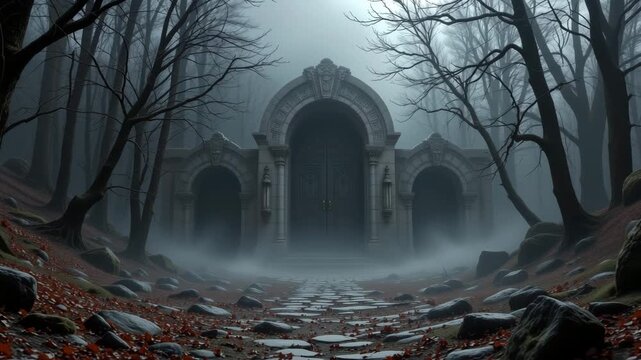 Mysterious Gateway in Misty Woodland: A captivating, evocative scene featuring a historic archway shrouded in an atmospheric mist.