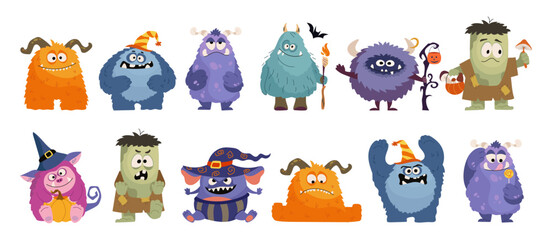 Cute cartoon monsters with different emotions set in bright Halloween style. Funny colorful characters with pumpkins, candies, hats for kids design, stickers, party prints, holiday decorations. Vector