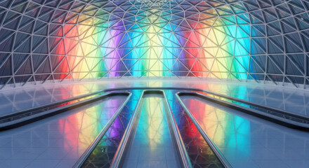Interior of a futuristic geodesic dome with colorful lighting and reflective floor