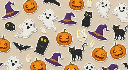 Fototapeta premium A halloween themed background featuring pumpkins ghosts cats bats hats candles and a tombstone sticker art