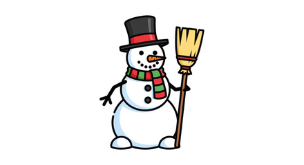 Cheerful Cartoon Snowman with Top Hat and Broom.