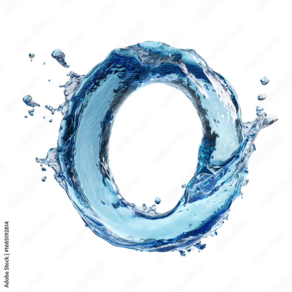 Poster watery letter o with dynamic splash effect, isolated for creative design projects on transparent