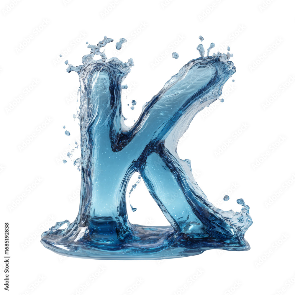 Poster captivating letter k crafted from dynamic water splashes on transparent setting showcasing