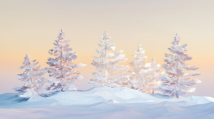 Fototapeta premium A tranquil digital illustration of a snowy winter landscape featuring a grove of frosty pine trees illuminated by the soft golden light of a morning sunrise