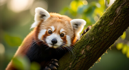 Red panda portrait in a verdant forest, captured in a natural setting with a soft, blurred