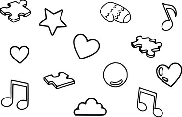 Collection of hand-drawn items in black and white sketch style for design resources.