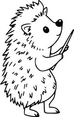 Cute hand-drawn hedgehog holding a conductor baton in black and white.