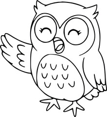 Cute hand-drawn owl waving illustration in black and white.