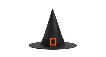 Fototapeta premium A single black witch hat with an orange buckle isolated on a plain white background in a studio shot