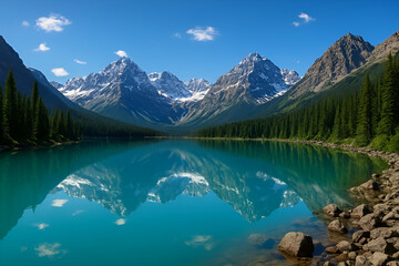 Mountain Lake with Turquoise Water, Rugged Peaks, and Evergreen Forest.