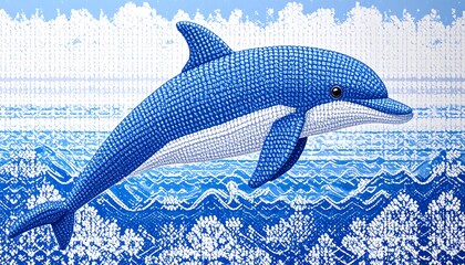 Blue dolphin leaps in stylized ocean scene