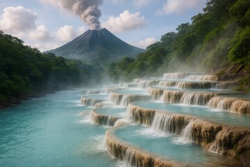 Obraz premium Stunning natural terraced waterfalls cascade into turquoise pools. Dramatic volcano emits smoke behind lush green jungle landscape.