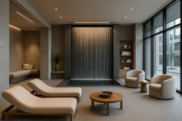 Luxurious modern spa lounge with artificial waterfall and comfortable seating. Serene and calming interior for relaxation and wellness.