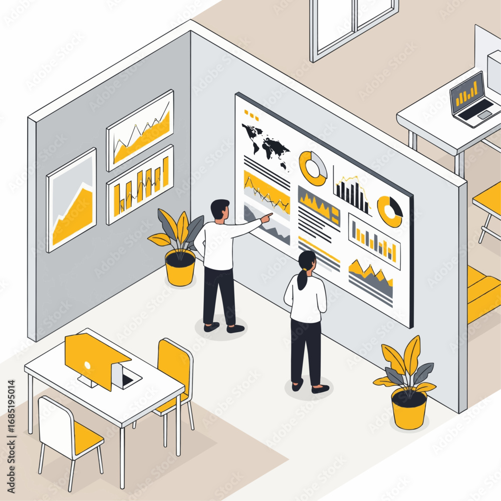 Aufkleber isometric view of an office space with people analyzing data on a large screen.