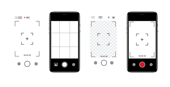 Viewfinder Camera interface in phone screen. Photo, video ui in cellphone. App for record from mobile cam. Grid, focus, button and rec. Smartphone mockup. Vector.