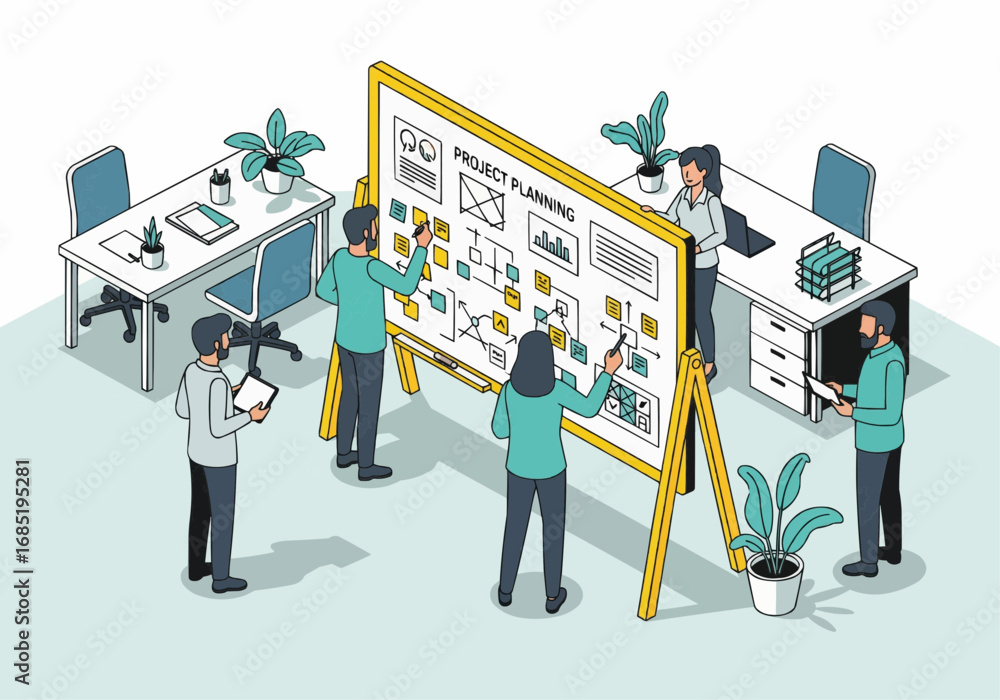 Aufkleber isometric illustration of a diverse business team collaborating on project planning and strategy usi