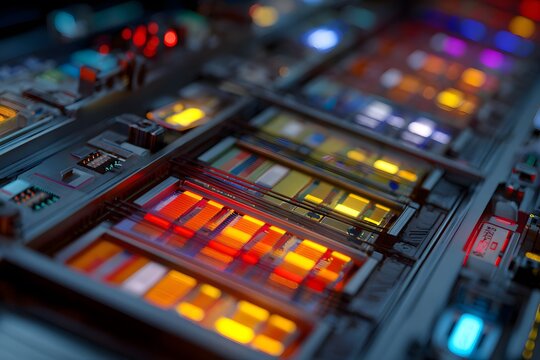Futuristic microchip platform with colorful illuminated components and parallel pathways, visualizing advanced computing or quantum processor tech.
