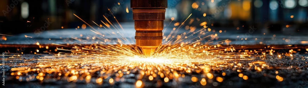 Poster metal laser cutting machine creating sparks concept. metalworking process generating sparks in an in