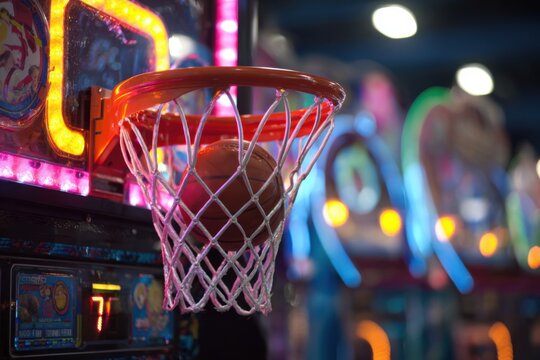 Basketball Arcade Game with Colorful Lights and Fun Atmosphere