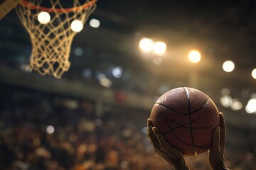 Basketball Player Ready to Shoot a Ball in Indoor Arena with Crowd