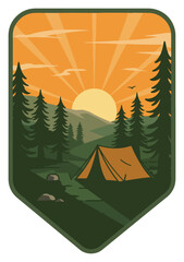Camping scene with a tent nestled in a forest, mountains in the background, and a rising sun with rays.