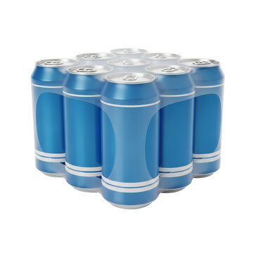 Photo of a pack of twelve blue aluminum cans with silver pull tabs, arranged in a 3x4 grid and shrinkwrapped together, isolated on a transparent background for beverage packaging