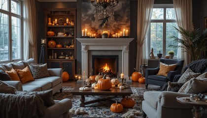 Halloween themed living room interior fireplace pumpkins candles and sofas