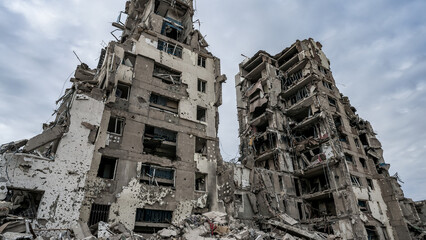 ruined street and destroyed houses the city Kiev war in Ukraine