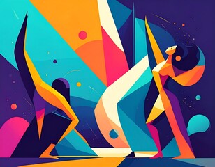 Colorful abstract figures in dynamic poses, vibrant geometric shapes, and celestial elements