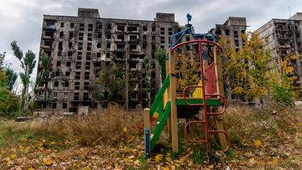 ruined street and destroyed houses the city Kiev war in Ukraine