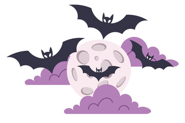 Stylized illustration depicting four black bats flying over a light purple moon. 