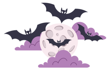 Stylized illustration depicting four black bats flying over a light purple moon. 
