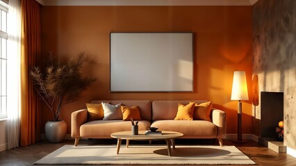 Create a serene retreat with an autumn interior design boasting amber hues, plush seating, and minimalistic art complemented by ambient lighting.