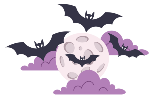 Stylized illustration depicting four black bats flying over a light purple moon. - Powered by Adobe